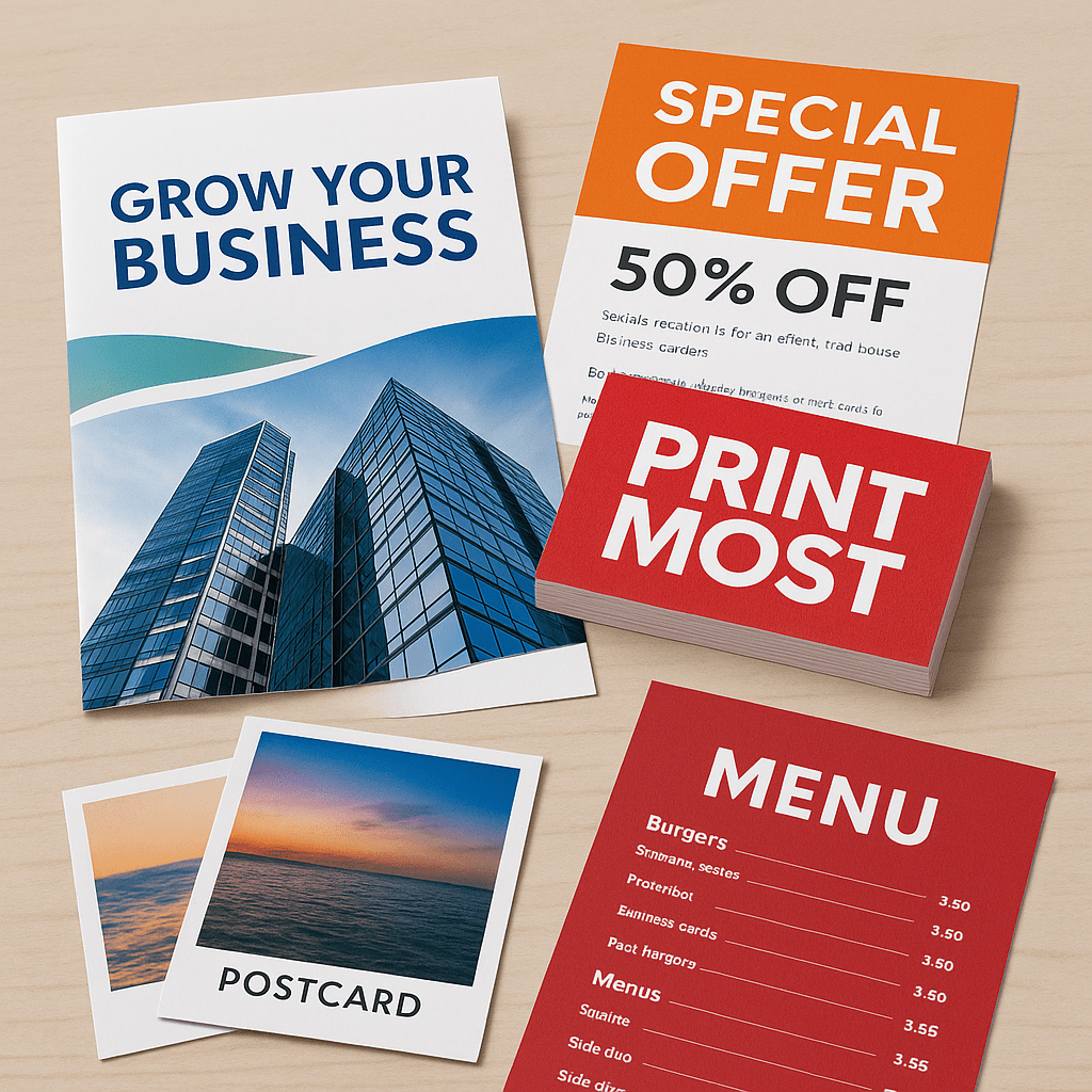Custom printed cards, fliers. brochures and marketing materials.
